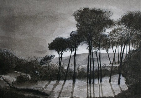 Pentekening, gewassen, Italiaans landschap, mooi ingelijst achter glas painted by Frits Hoitsema KUNSTSCHILDER