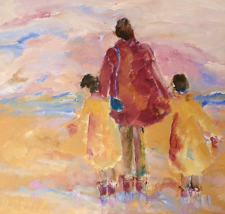 Moeder met kinderen aan het strand painted by Loes Loe-sei Beks