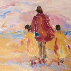 Moeder met kinderen aan het strand painted by 