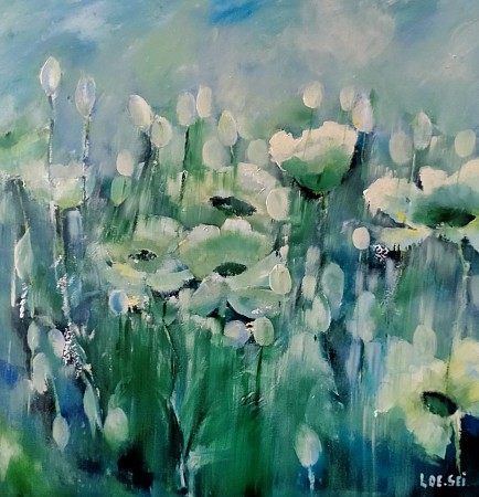 Witte bloemen painted by Loes Loe-sei Beks