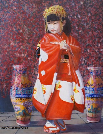 Chinees meisje tussen kersenbloesem painted by Frits Hoitsema KUNSTSCHILDER