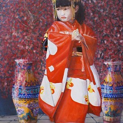 Chinees meisje tussen kersenbloesem painted by 