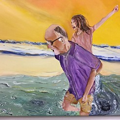 Opa met kleindochter aan zee painted by 