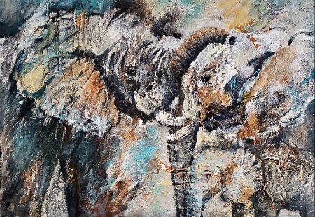 Koppel olifanten met jong painted by Ineke Duyndam-kester